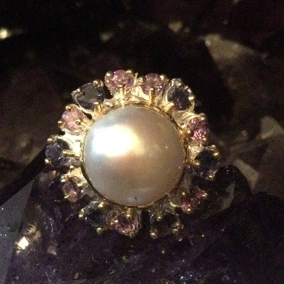 Atlanta Gem & Mineral Show Jewelry - Elegant Genuine Pearl Ring with Iolites & Amethyst Ring
